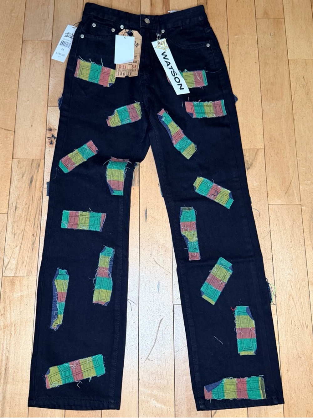 WATSON DENIM JEANS BLACK ALL OVER FRAYED PATCHWORK SIZE 28W/32L Men’s 28